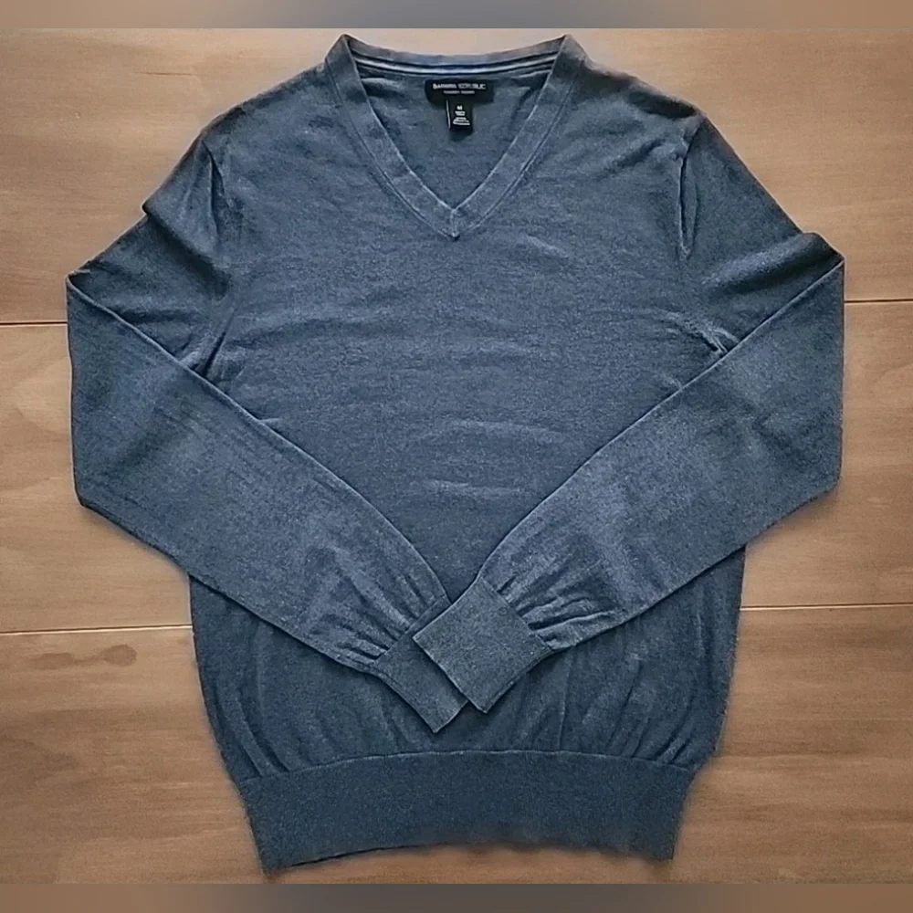 Banana Republic Men Luxury Blend Silk Cotton Cashmere V-Neck Sweater Blue Medium